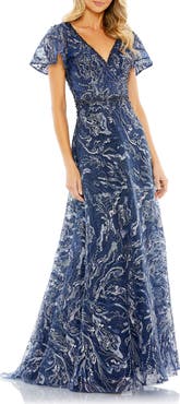 Mac Duggal Embellished Illusion Butterfly Sleeve A-Line Gown