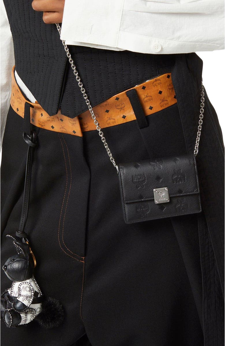 MCM Mini Aren Chain Wallet in Embossed Monogram Leather, Alternate, color, Black