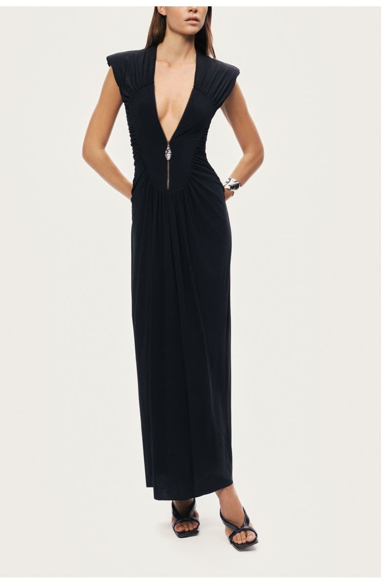Nocturne Ruched Deep V-Neck Maxi Dress, Alternate, color, Black