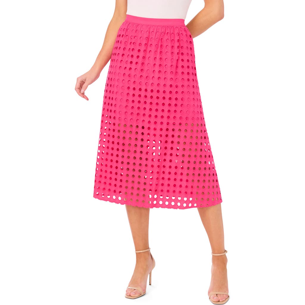 Cece Eyelet Cotton Midi Skirt In Pink