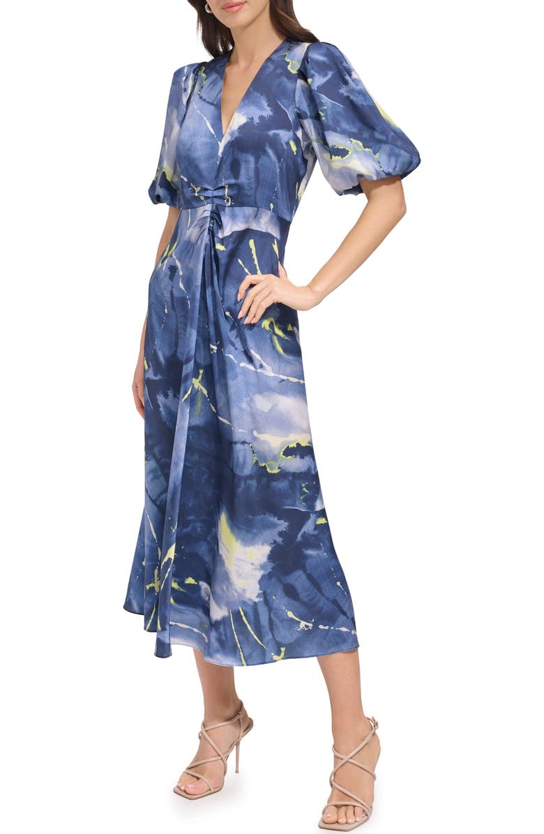 DKNY Print Puff Sleeve Satin Midi Dress, Alternate, color, Fluoro Yellow/ Inky Blue Multi