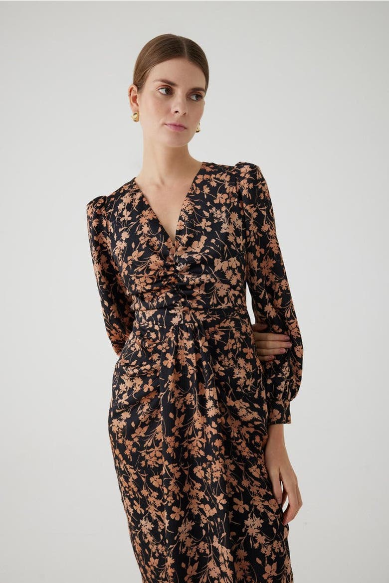 Floral Print V Neck Waist Fit Midi Dress, Alternate, color, MULTICOLOR