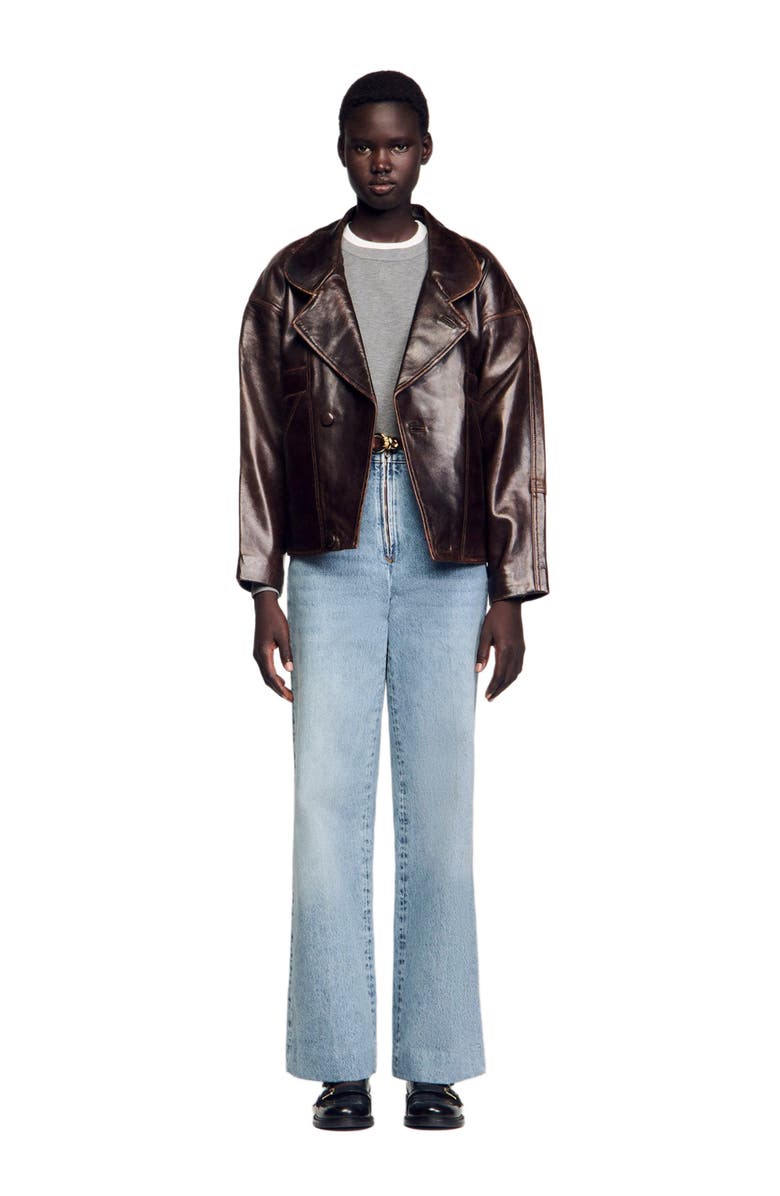 SANDRO Oversized leather jacket, Alternate, color, Brown