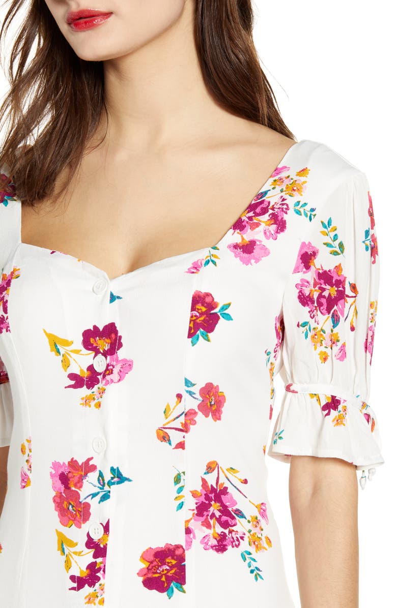 Row A Floral Print Front Button Midi Dress, Alternate, color, 