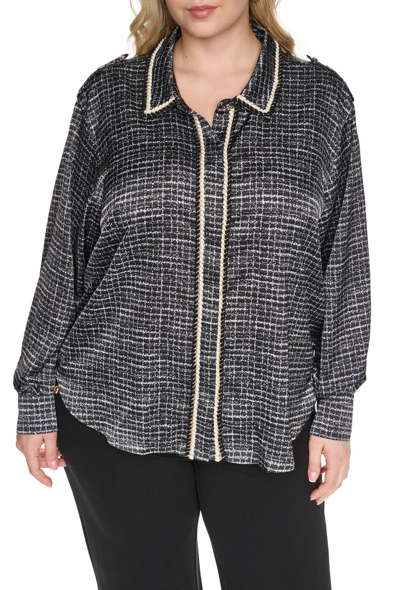 Tweed Print Button-Up Shirt, Main, color, BLACK/ SOFT WHITE MULTI