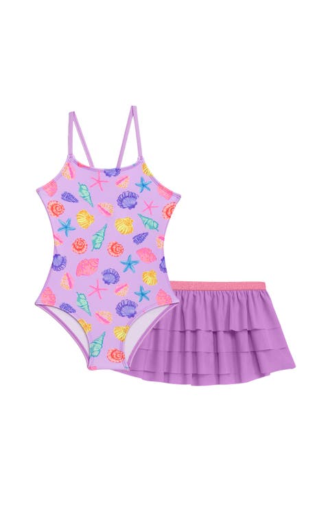 Little Girls X-Back One Piece Swimsuit with Ruffle Coverup Skirt 2-Piece Set