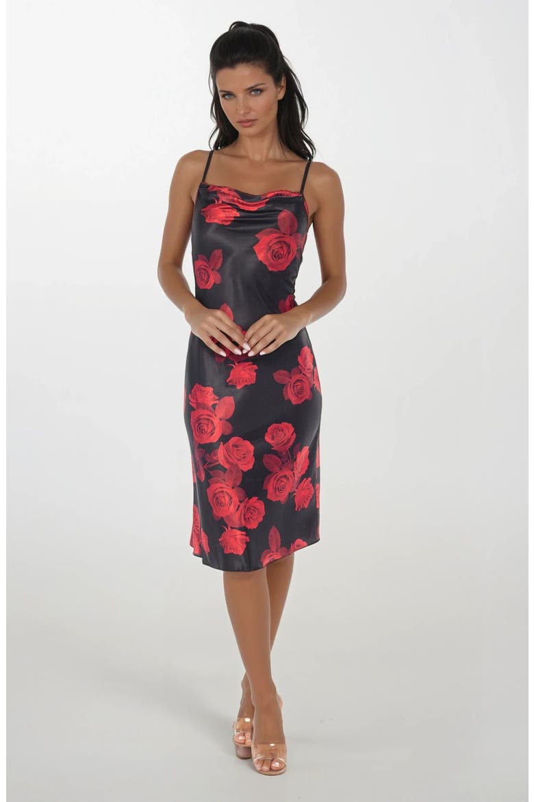 Printed Satin Bias Midi Dress, Alternate, color, BLACK ROSE