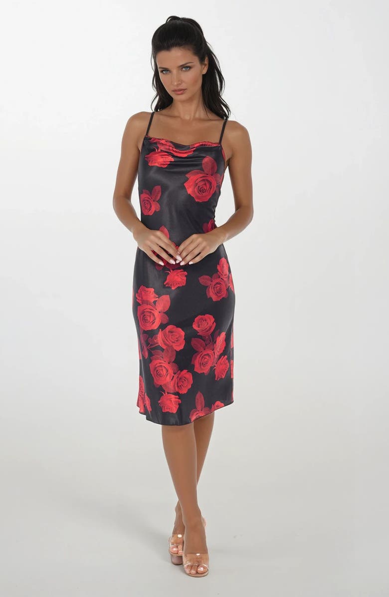 bebe Printed Satin Bias Midi Dress, Alternate, color, Black Rose