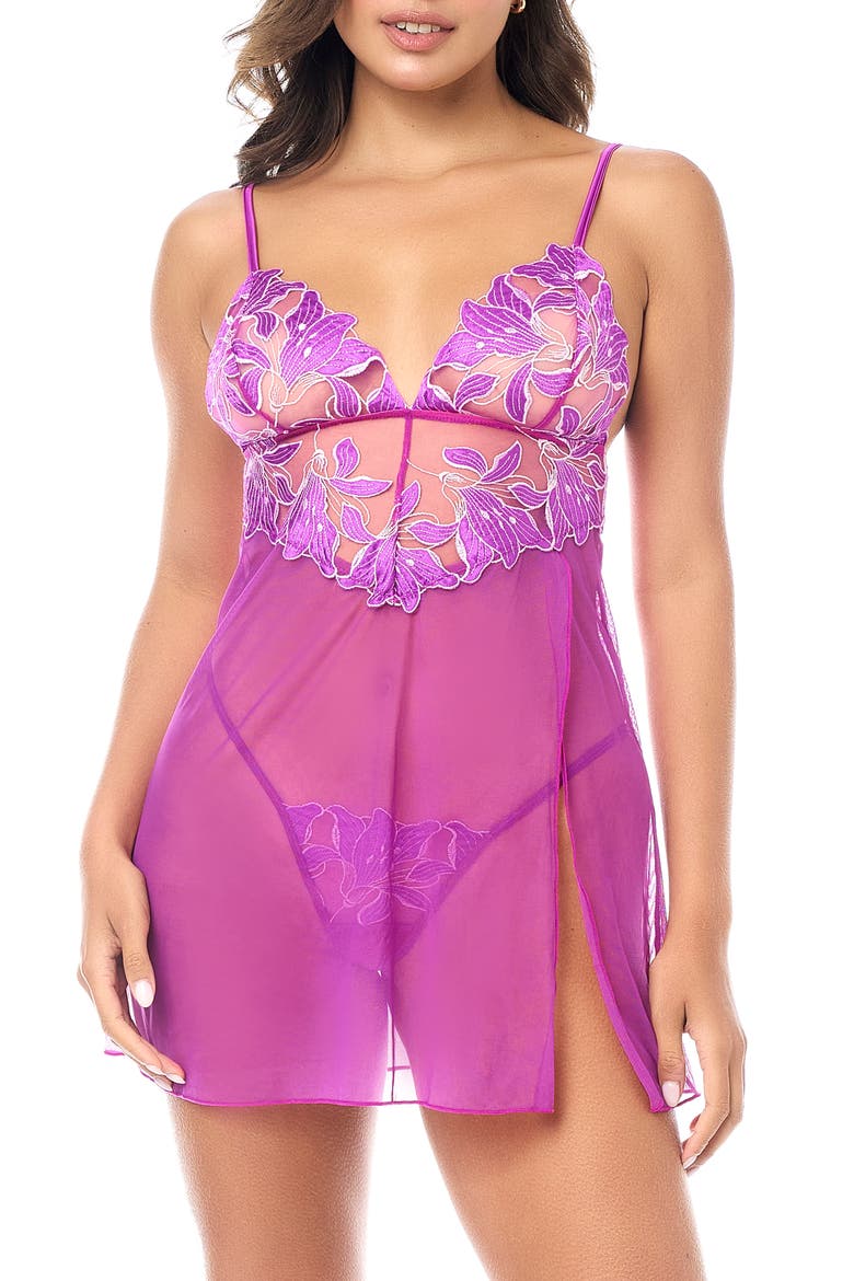 Embroidered Sheer Babydoll & G-String Set, Main, color, AZALEA