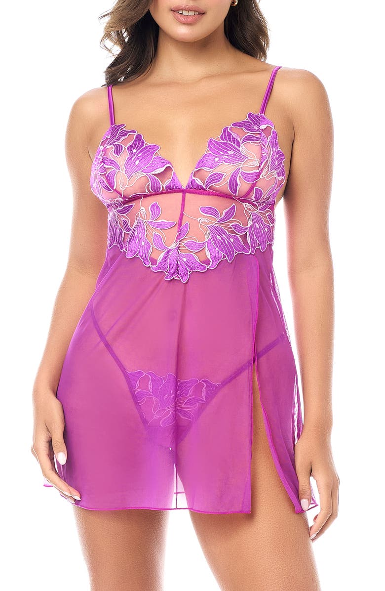 Mapale Embroidered Sheer Babydoll & G-String Set, Main, color, Azalea