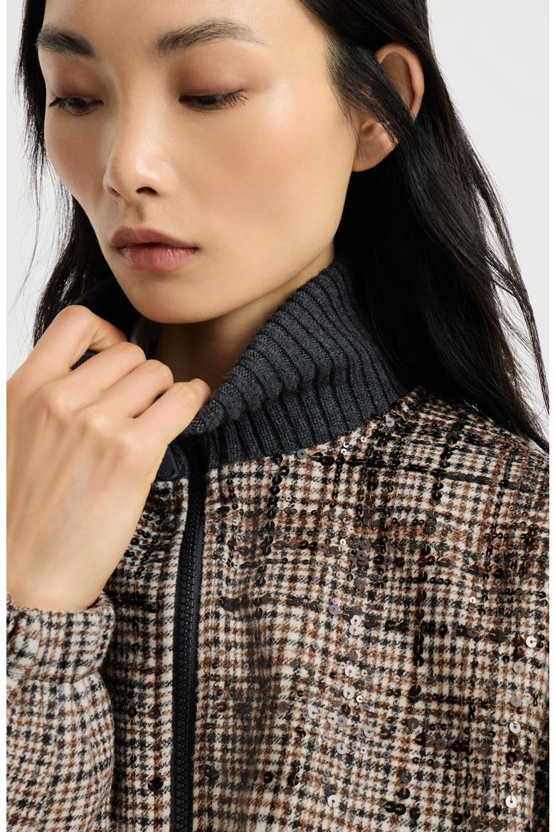 Checked alpaca and wool bomber jacket with dazzling degradé embroidery and Thermore® padding, Alternate, color, Brown