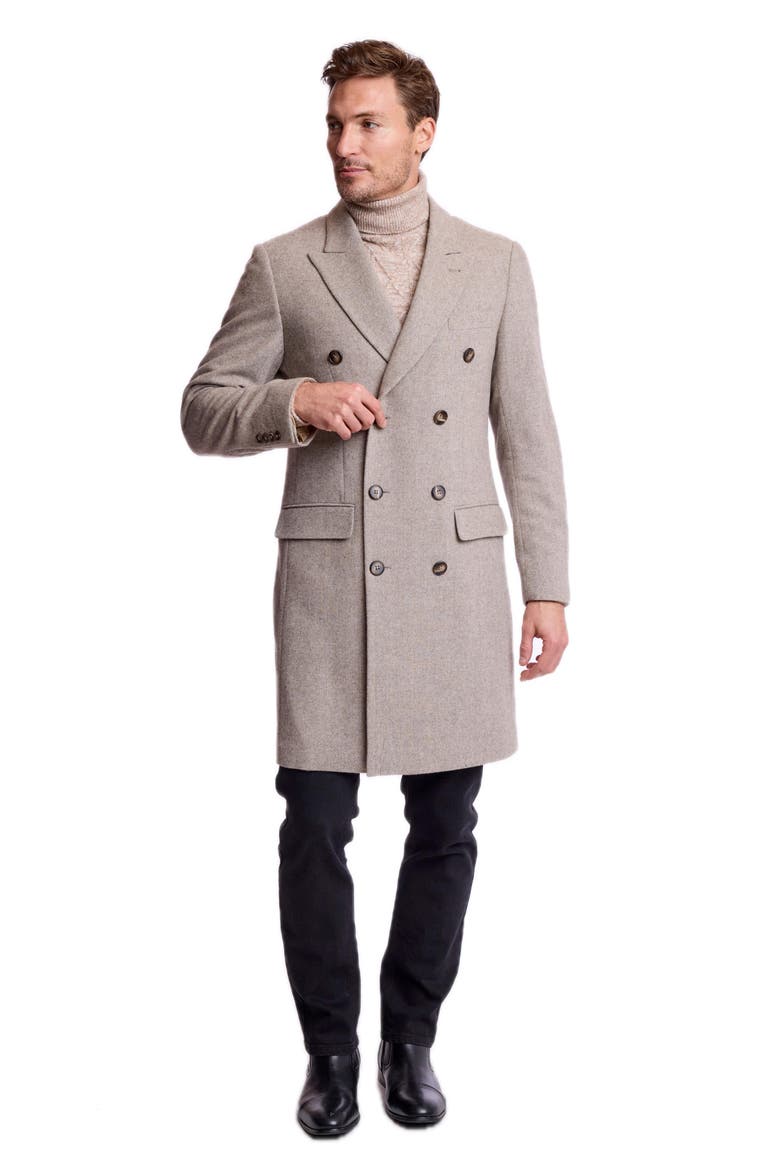 Peak Lapel Double Breasted Overcoat, Alternate, color, TAN HERRINGBONE
