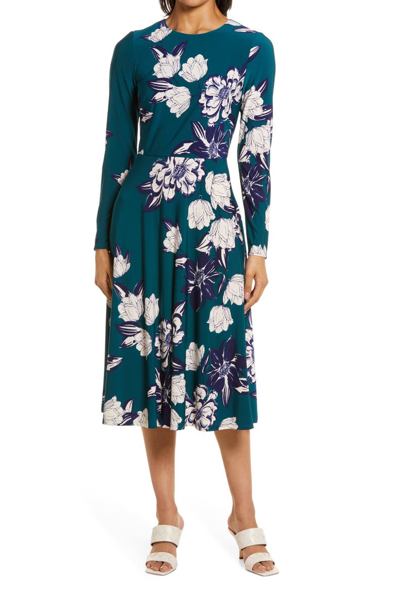 Floral Print Long Sleeve Midi Dress, Main, color, HUNTER