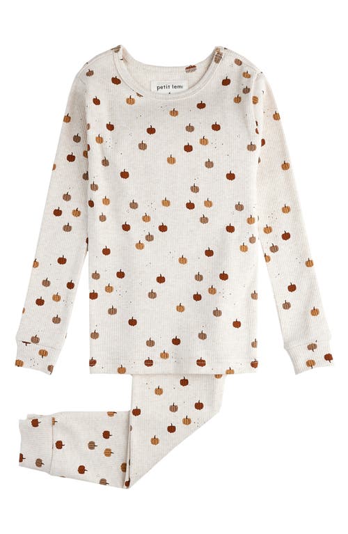 Petit Lem Kids' Pumpkin Patch Fitted Two-Piece Cotton Pajamas in Heather Beige 