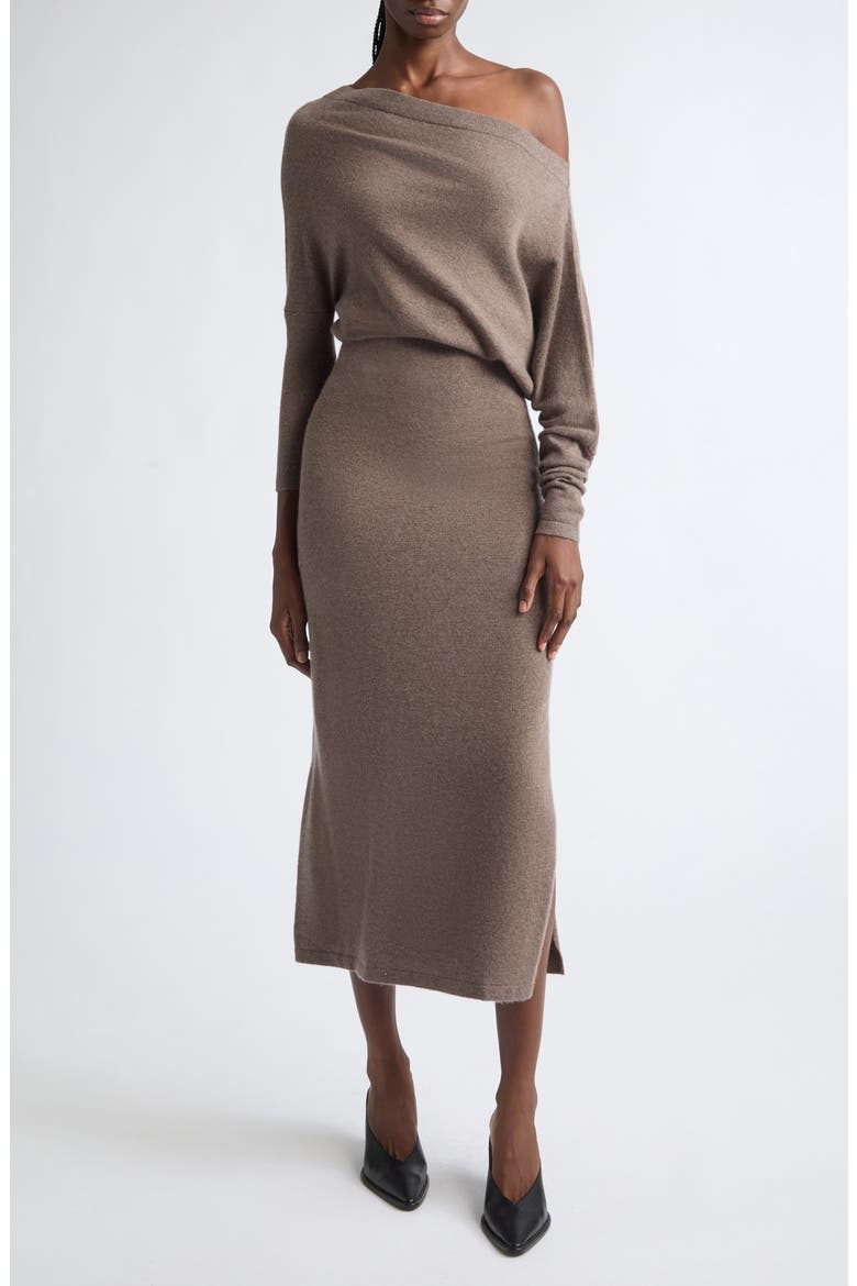 Kasos Long Sleeve Off the Shoulder Seater Cashmere Sweater Dress, Main, color, COCOA MEL.