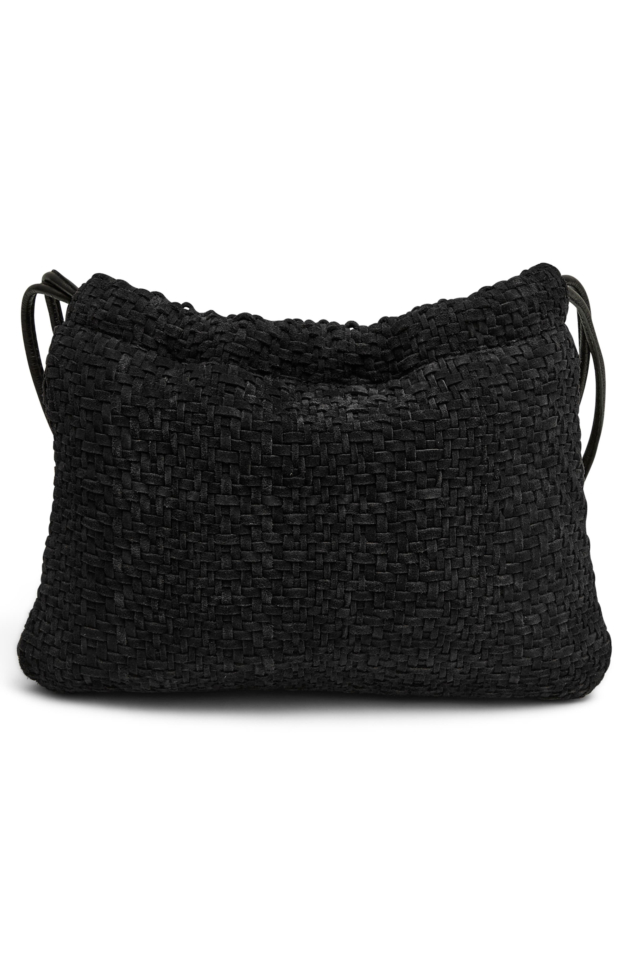 AIMEE Tie Breaker Shoulder Bag, Alternate, color, Black Woven Suede