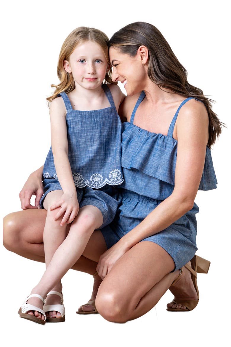 Women's Organic Ruffle Top Romper, Alternate, color, Chambray Ruffle