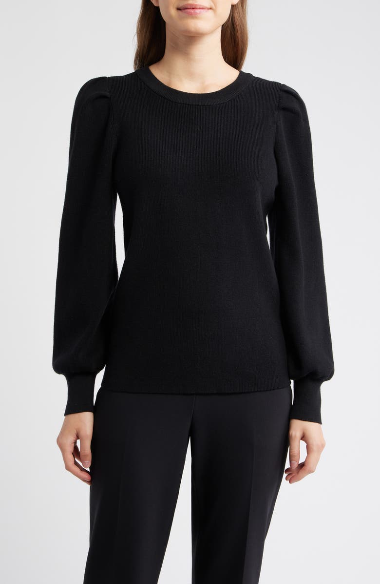 AK ANNE KLEIN Pleat Sleeve Crewneck Sweater, Main, color, Anne Black