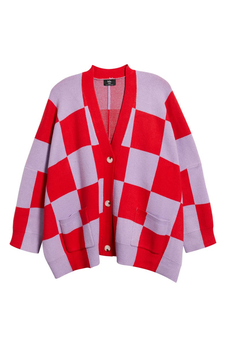 Dressed in Lala Love You Oversize Checkered Cardigan, Alternate, color, Red/ Lavender