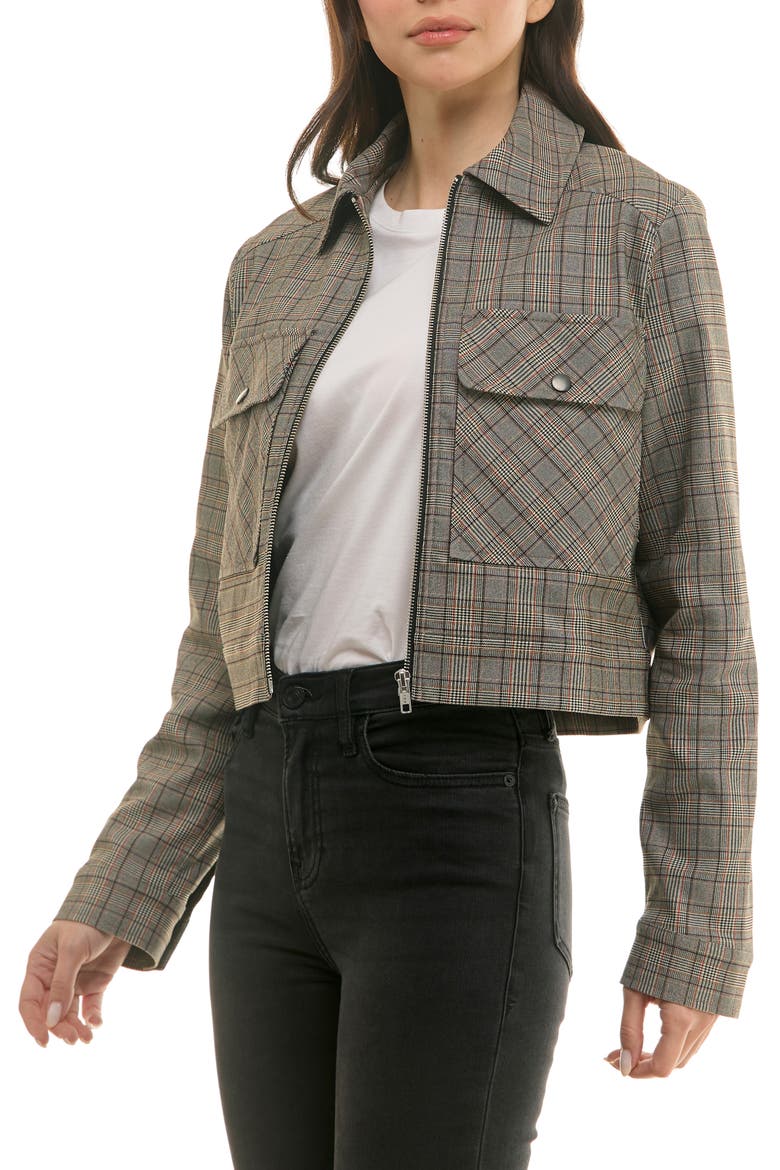 Boxy Cropped Menswear Trucker Jacket, Main, color, BROWN/ RED PLAID