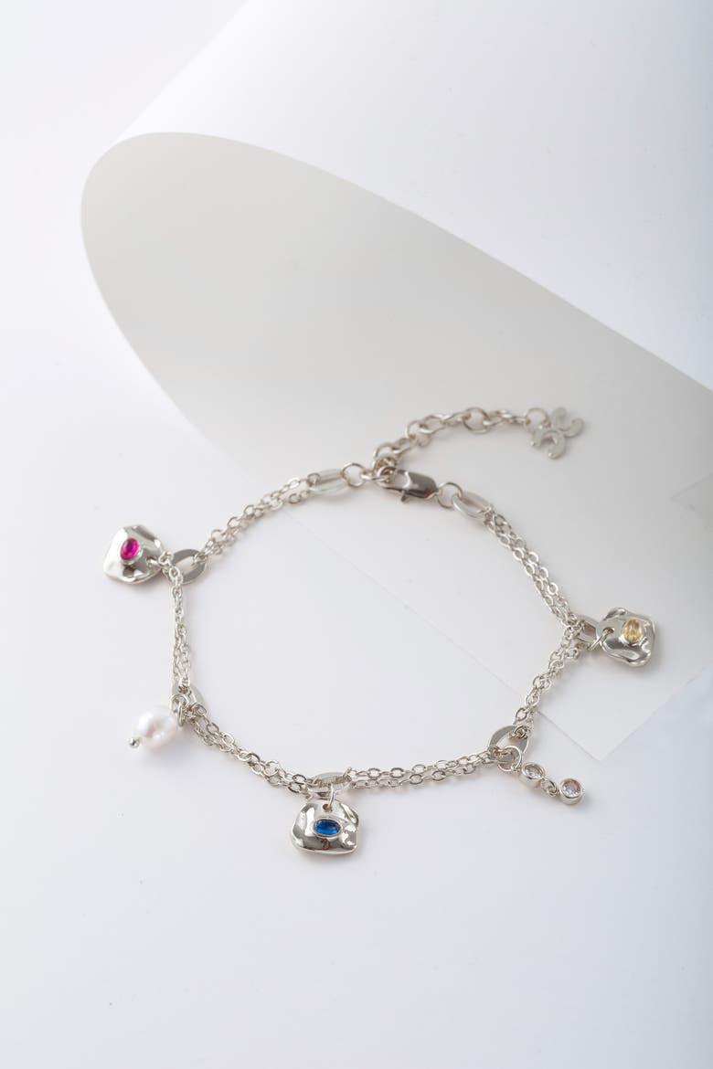 Iris Colored Cubic Zirconia and Freshwater Pearl Charms Anklet, Alternate, color, Gold