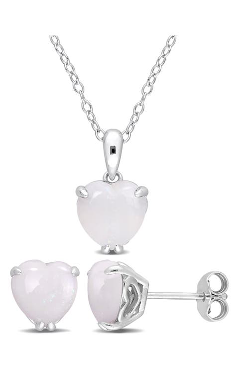Heart Cut Opal Stud Earrings & Pendant Necklace Set