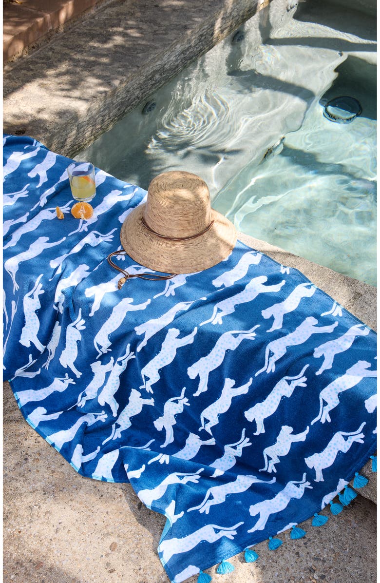 Matouk Leaping Leopard Beach Towel, Alternate, color, Navy