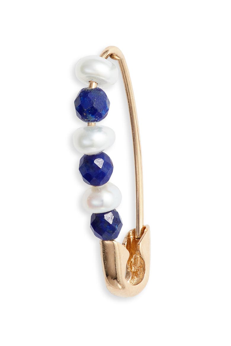 Friendship Safety Pin Earring, Main, color, LAPIS/ PEARL/ YELLOW GOLD