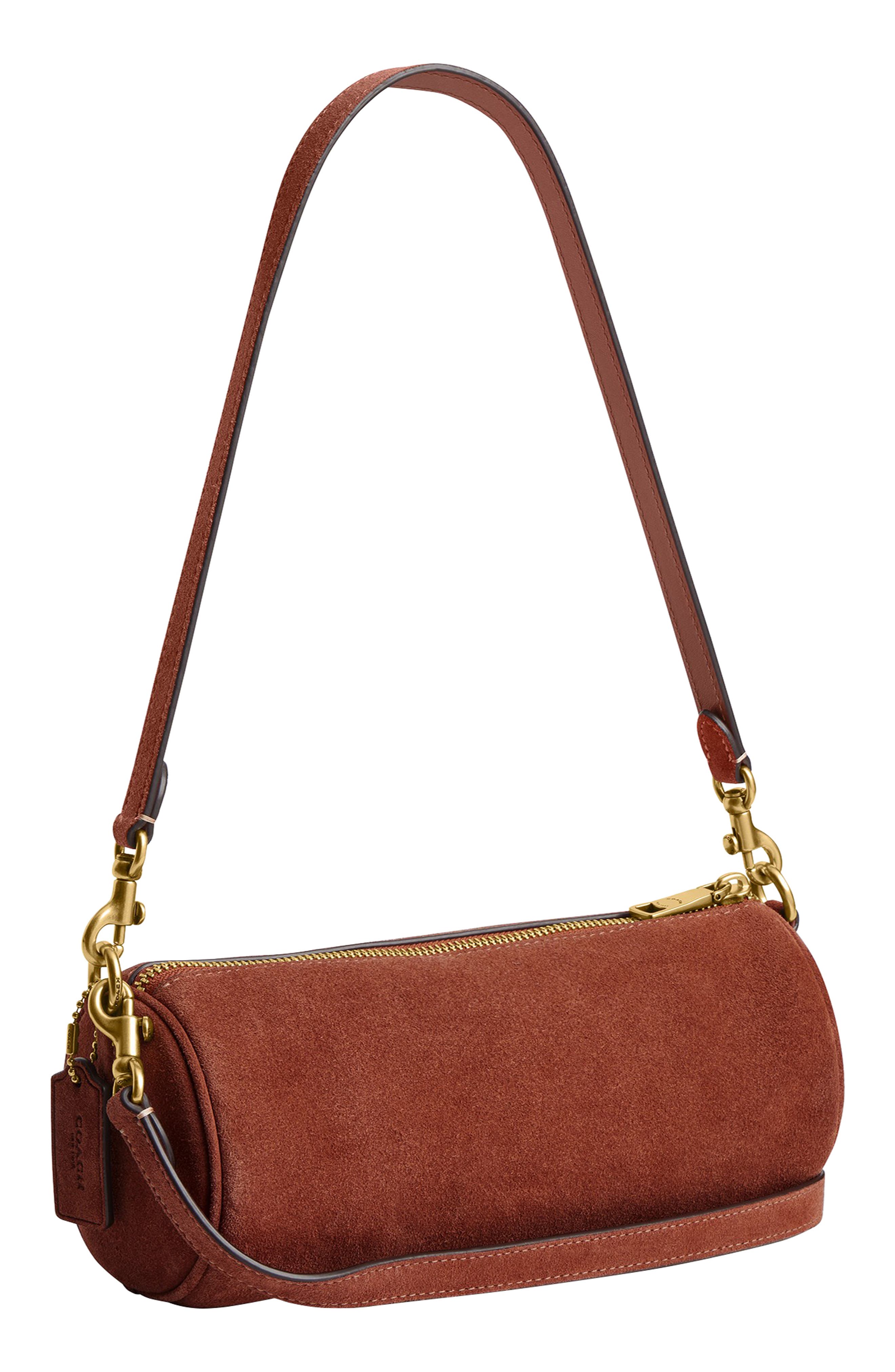 COACH Suede Barrel Bag, Alternate, color, Clay