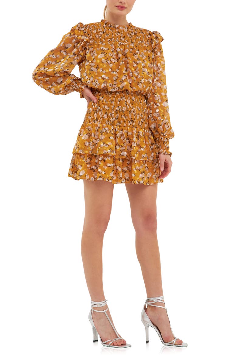Floral Print Shirred Long Sleeve Chiffon Minidress, Alternate, color, MUSTARD