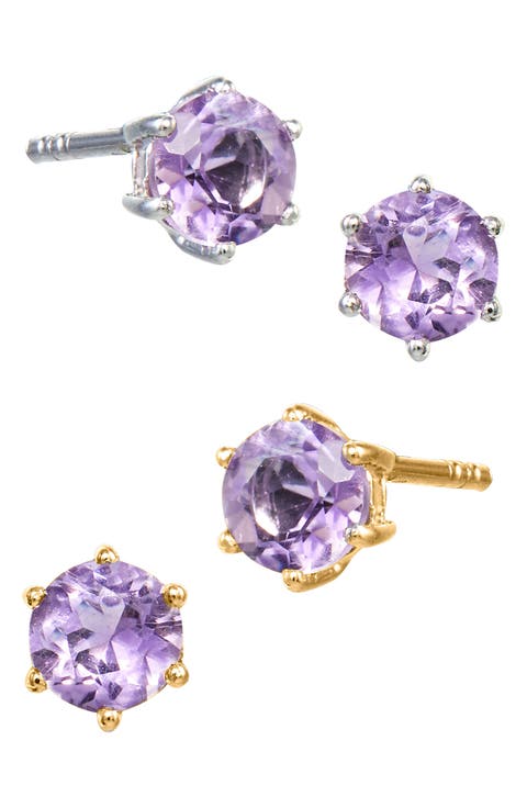 Sterling Silver Amethyst Stud Earrings - Set of 2