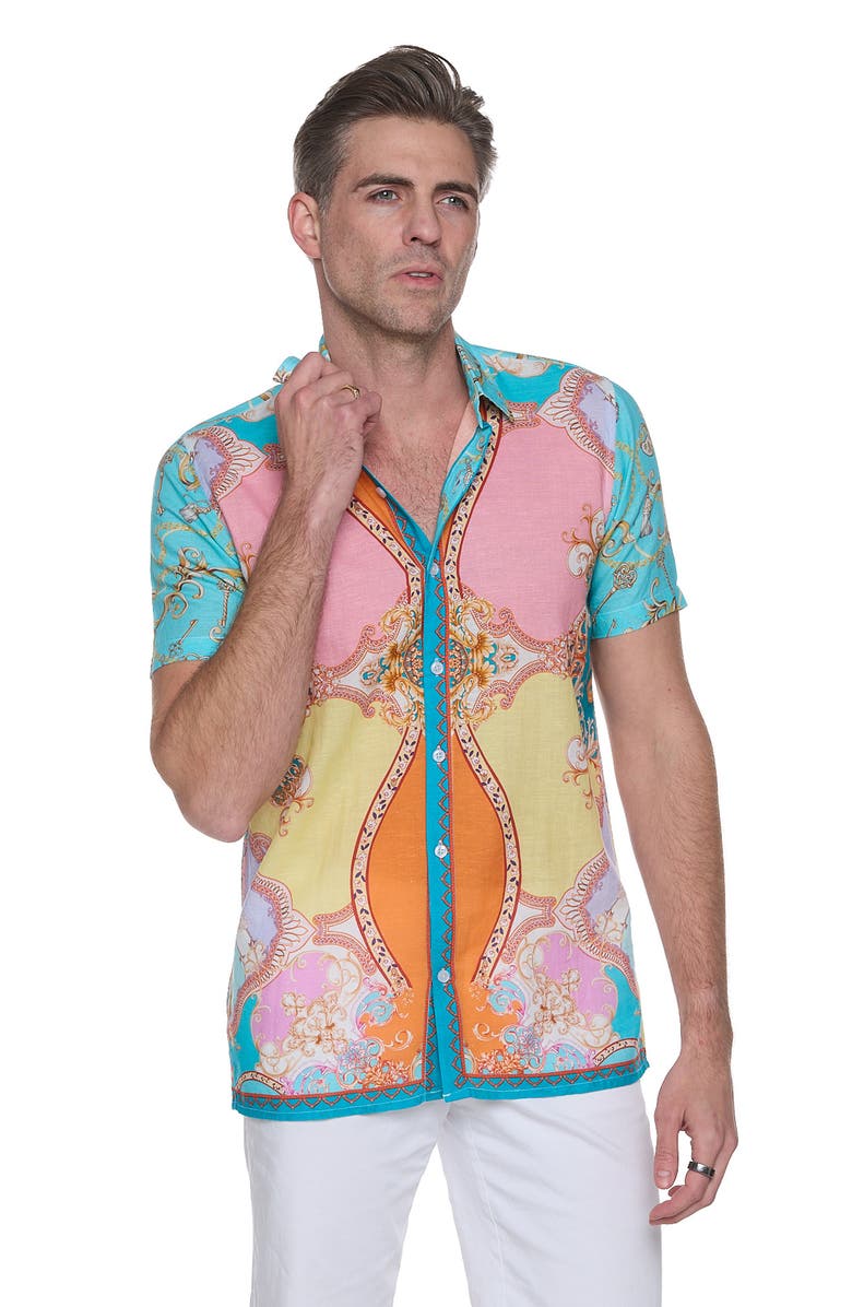 RANEES Printed Linen & Cotton Shirt, Alternate, color, Blue/ Green Multi