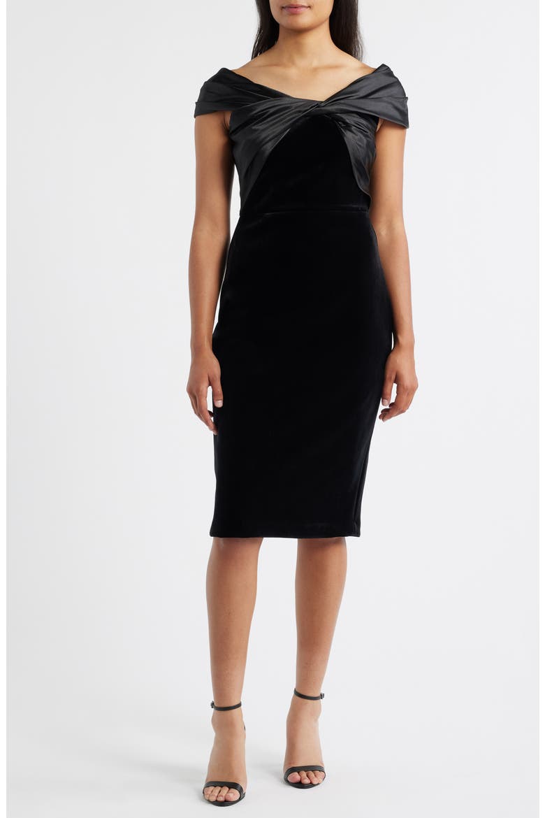 Satin Wrap Detail Velvet Sheath Dress, Main, color, BLACK