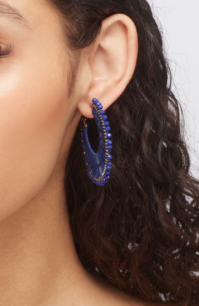 Panacea Beaded Raffia Hoop Earrings, Alternate, color, Navy