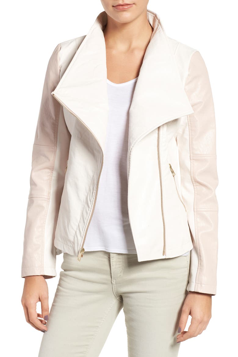 Asymmetrical Faux Leather Jacket, Main, color, BABY PINK/ WHITE