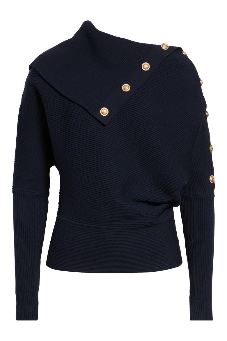 Lexi Button Shawl Rib Sweater, Alternate, color, NAVY