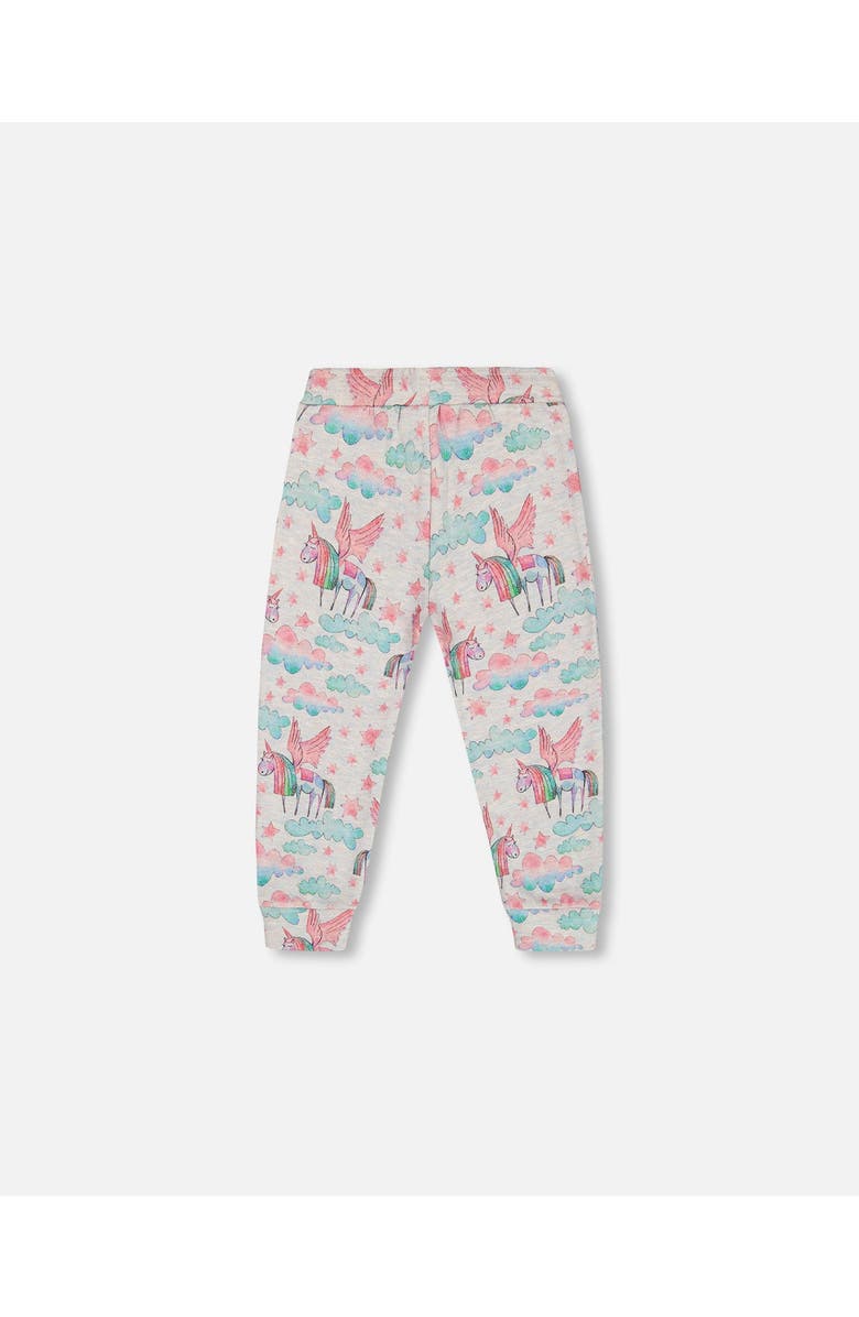 Deux par Deux Girl's Shiny French Terry Sweatpants Gray Mix Printed Unicorn, Alternate, color, 