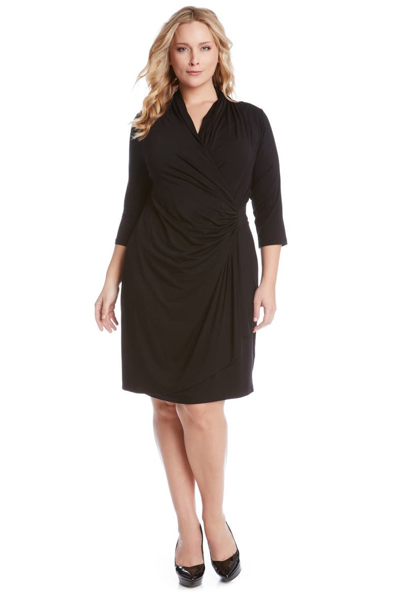 Three Quarter Sleeve Jersey Cascade Faux Wrap Dress, Alternate, color, BLACK