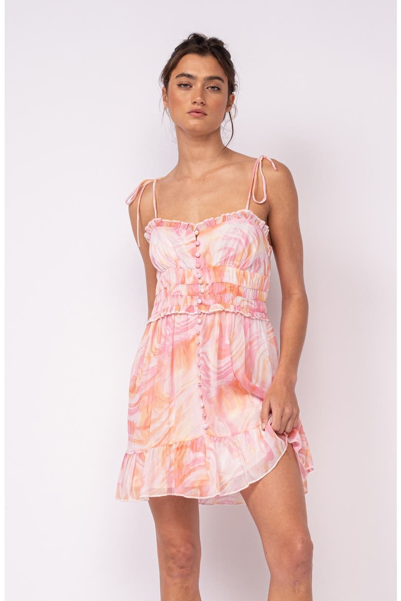 Abstract Print Tie Strap Ruffle Chiffon Minidress, Alternate, color, PINK