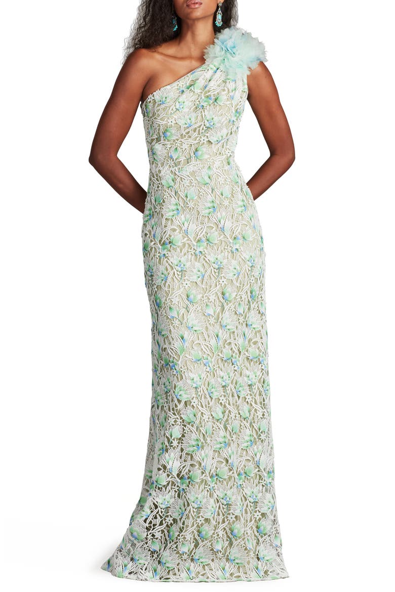 Embroidered Lace One-Shoulder Gown, Main, color, WHITE/ ALOE GREEN