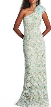 Tadashi Shoji Embroidered Lace One-Shoulder Gown