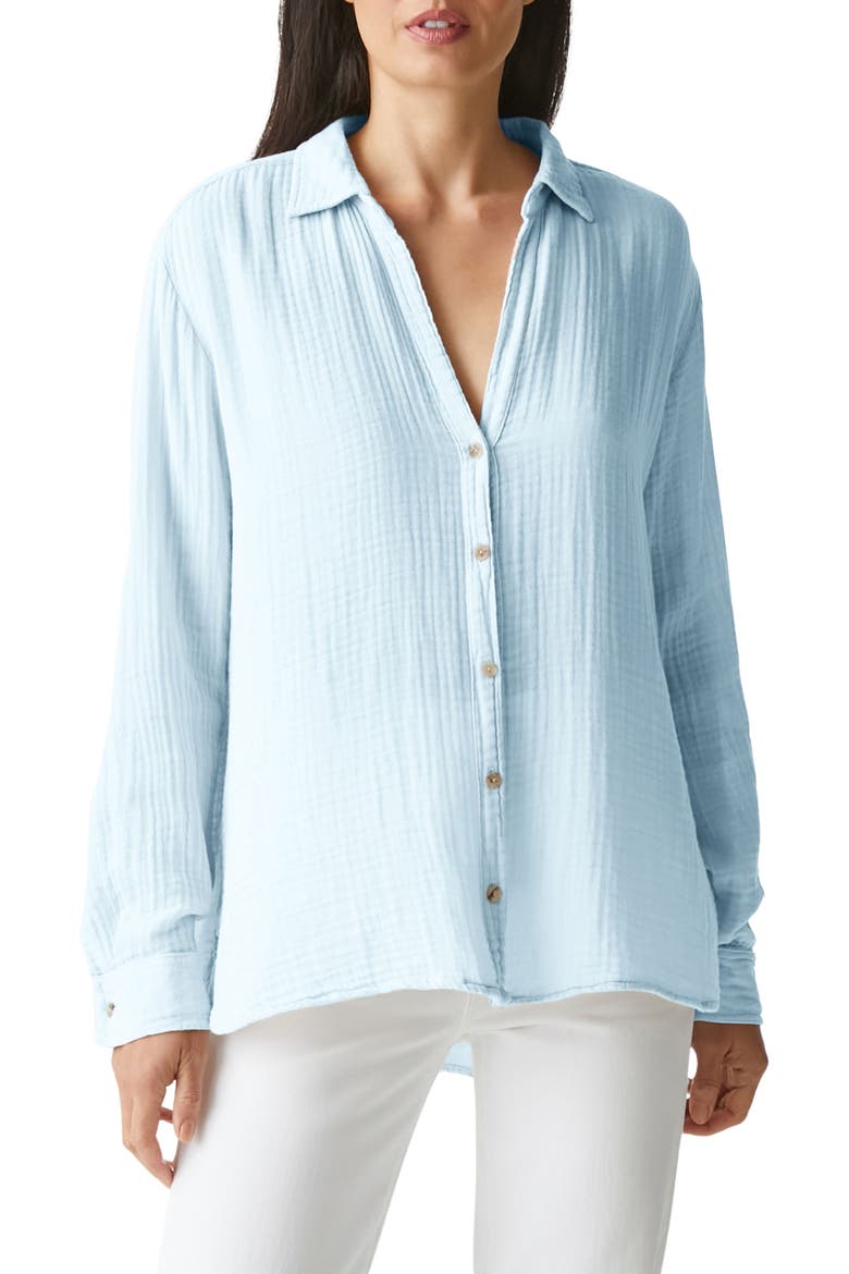 Leo High-Low Cotton Gauze Button-Up Shirt, Main, color, WATER