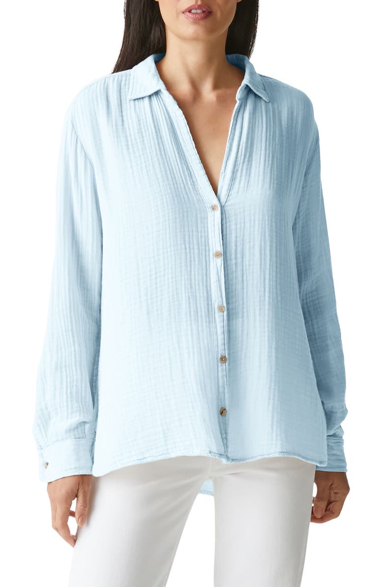 Michael Stars Leo High-Low Cotton Gauze Button-Up Shirt, Main, color, Water