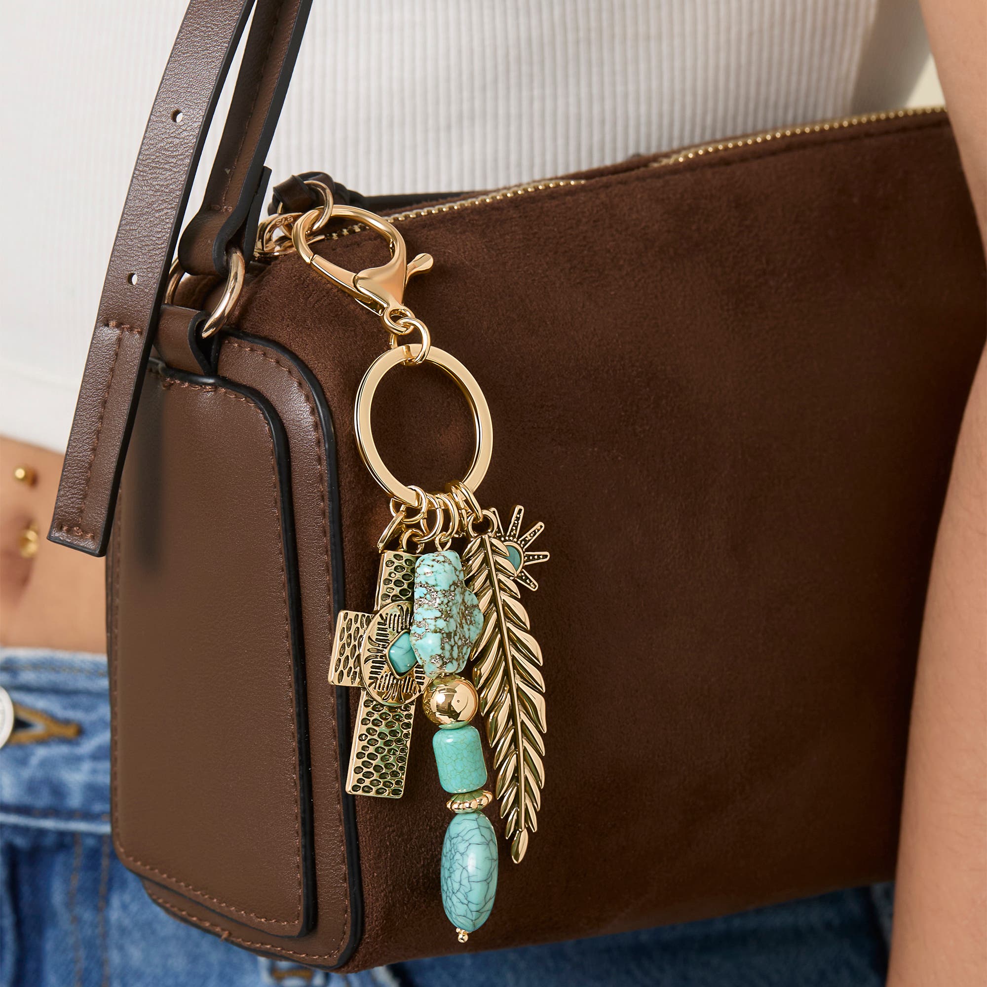 Jessica Simpson Turquoise Bead Keychain with Charms, Alternate, color, Turquoise/Gold