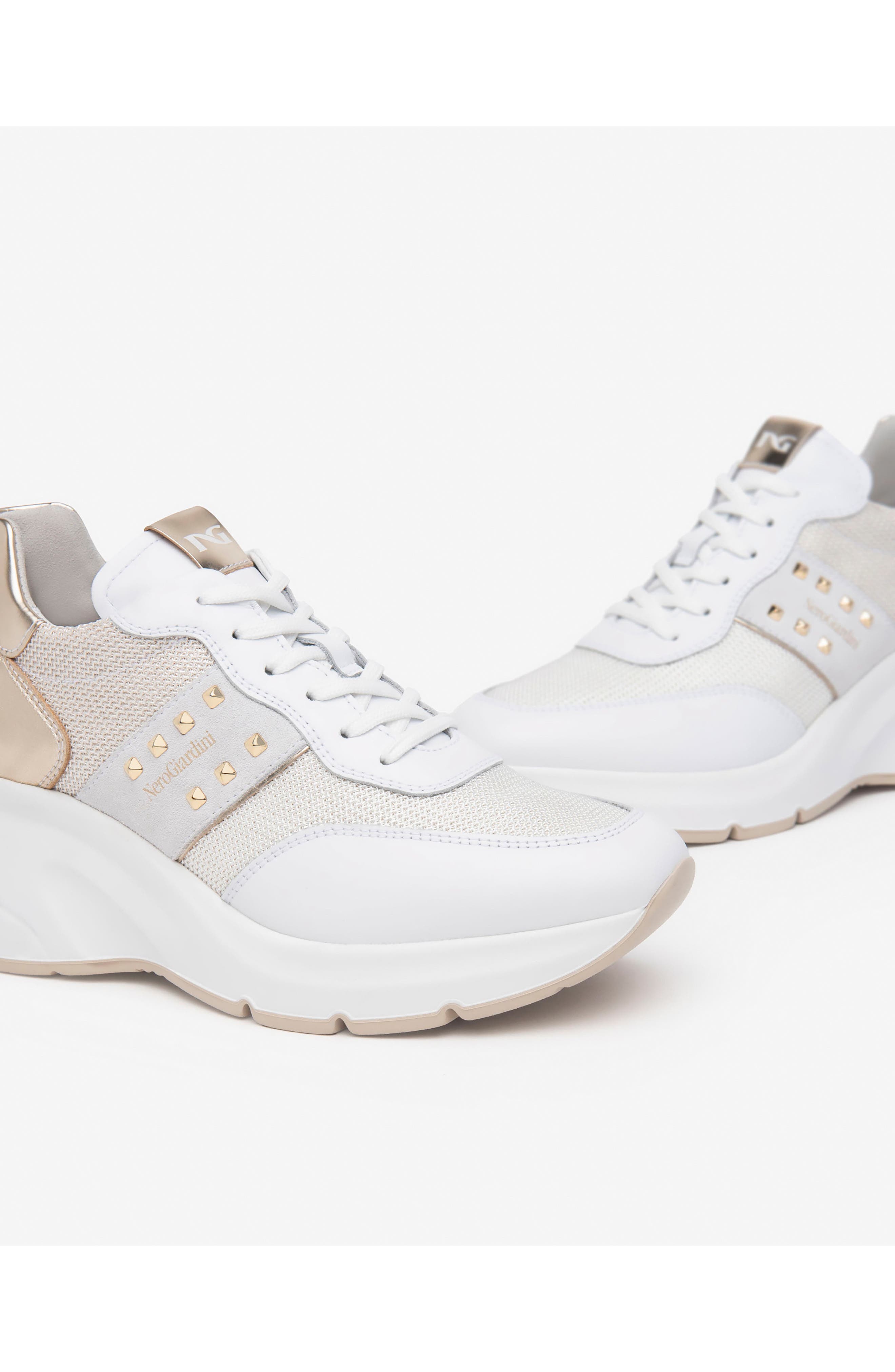 NeroGiardini Wedge Sneaker, Alternate, color, White / Gold