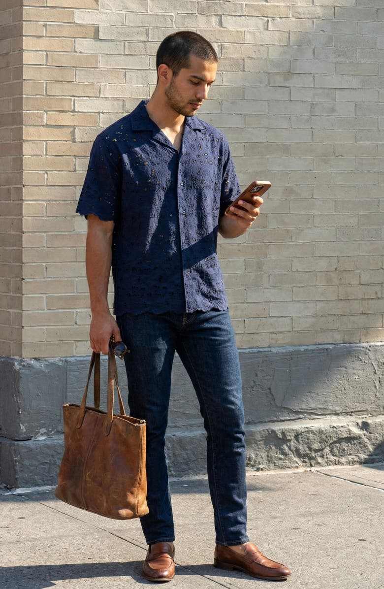 Modenaire Textured Open Collar Short Sleeve Shirt, Alternate, color, Navy Blue