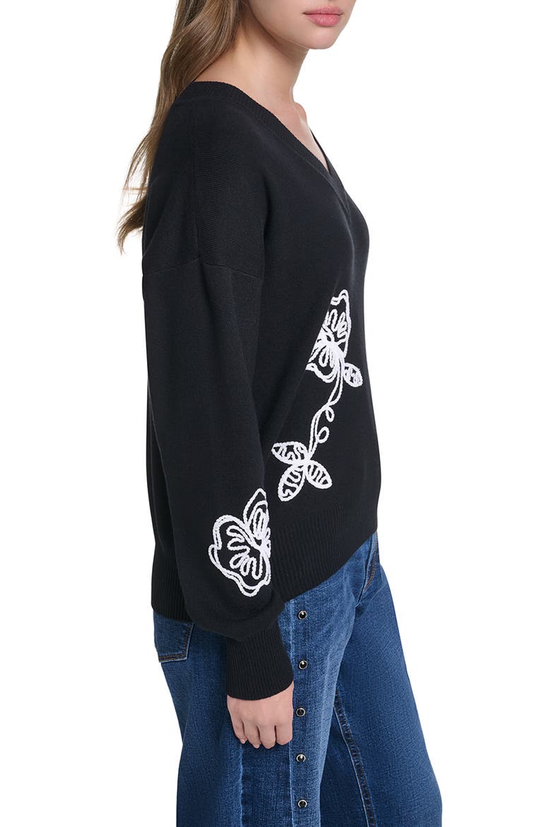 Floral V-Neck Sweater, Alternate, color, BLACK/ SOFT WHITE
