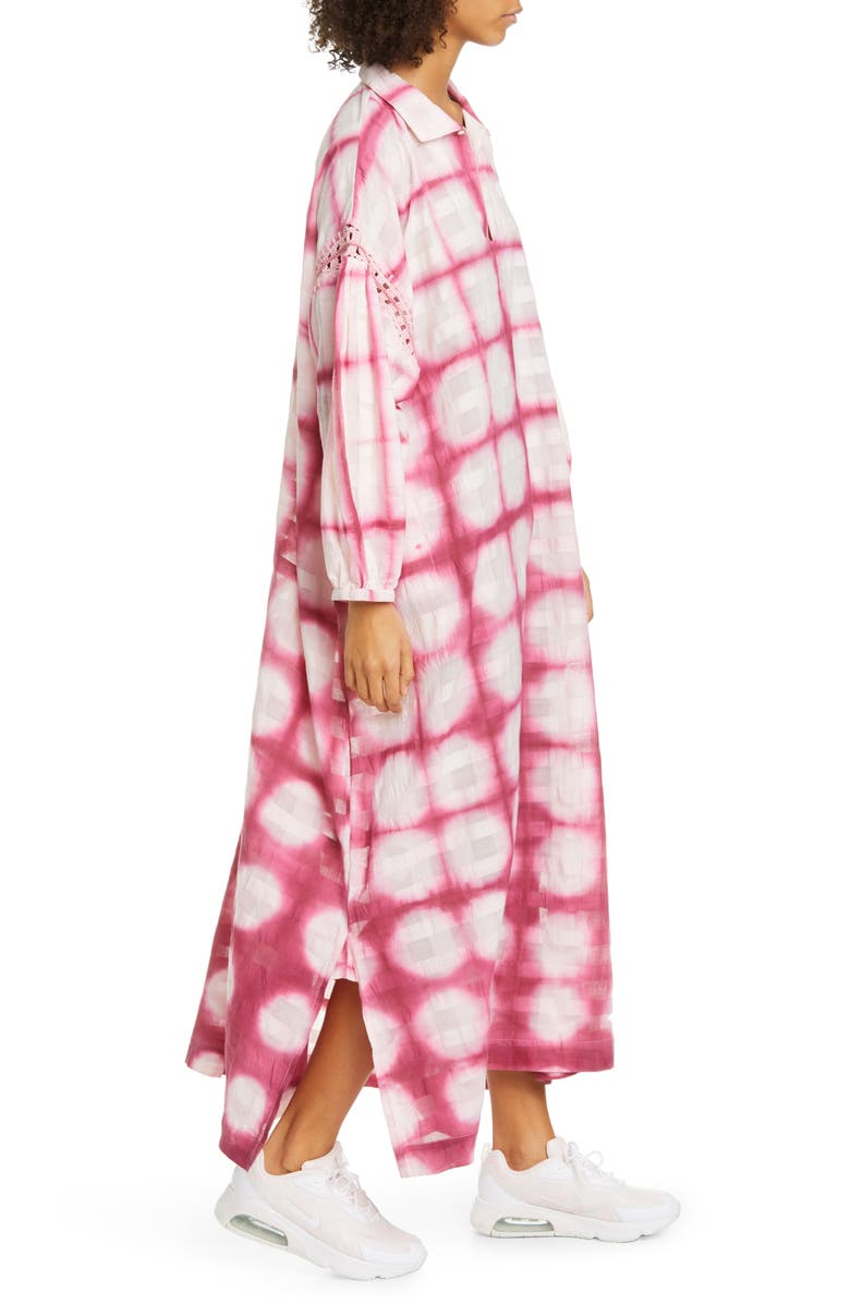 Story mfg. Alea Crochet Trim Tie Dye Long Sleeve Organic Cotton Midi Dress, Alternate, color,