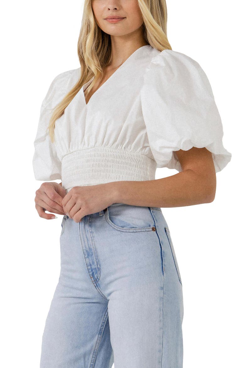 Smocked Waist Cotton Blouse, Alternate, color, WHITE