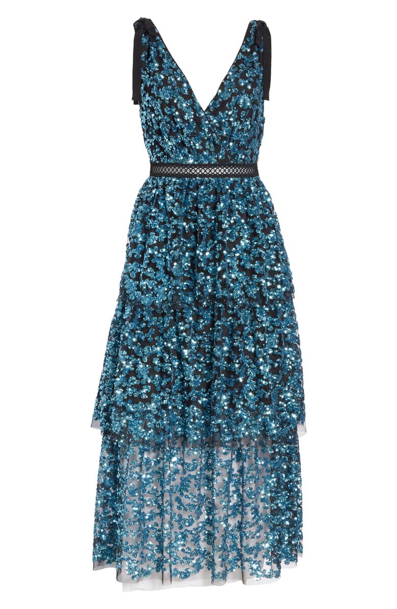 Self-Portrait Tiered Sequined Midi Dress, Alternate, color, 